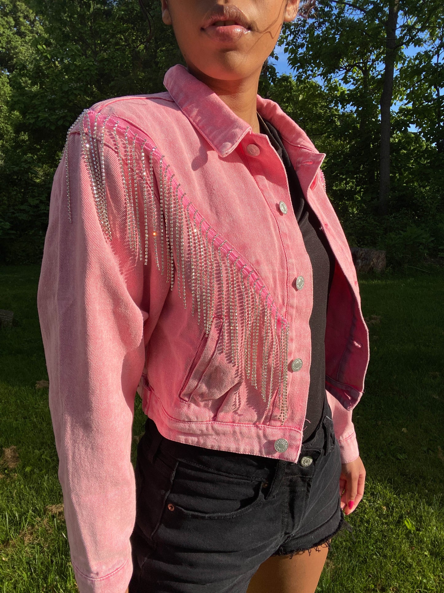Rhinestone Pink Denim Jacket