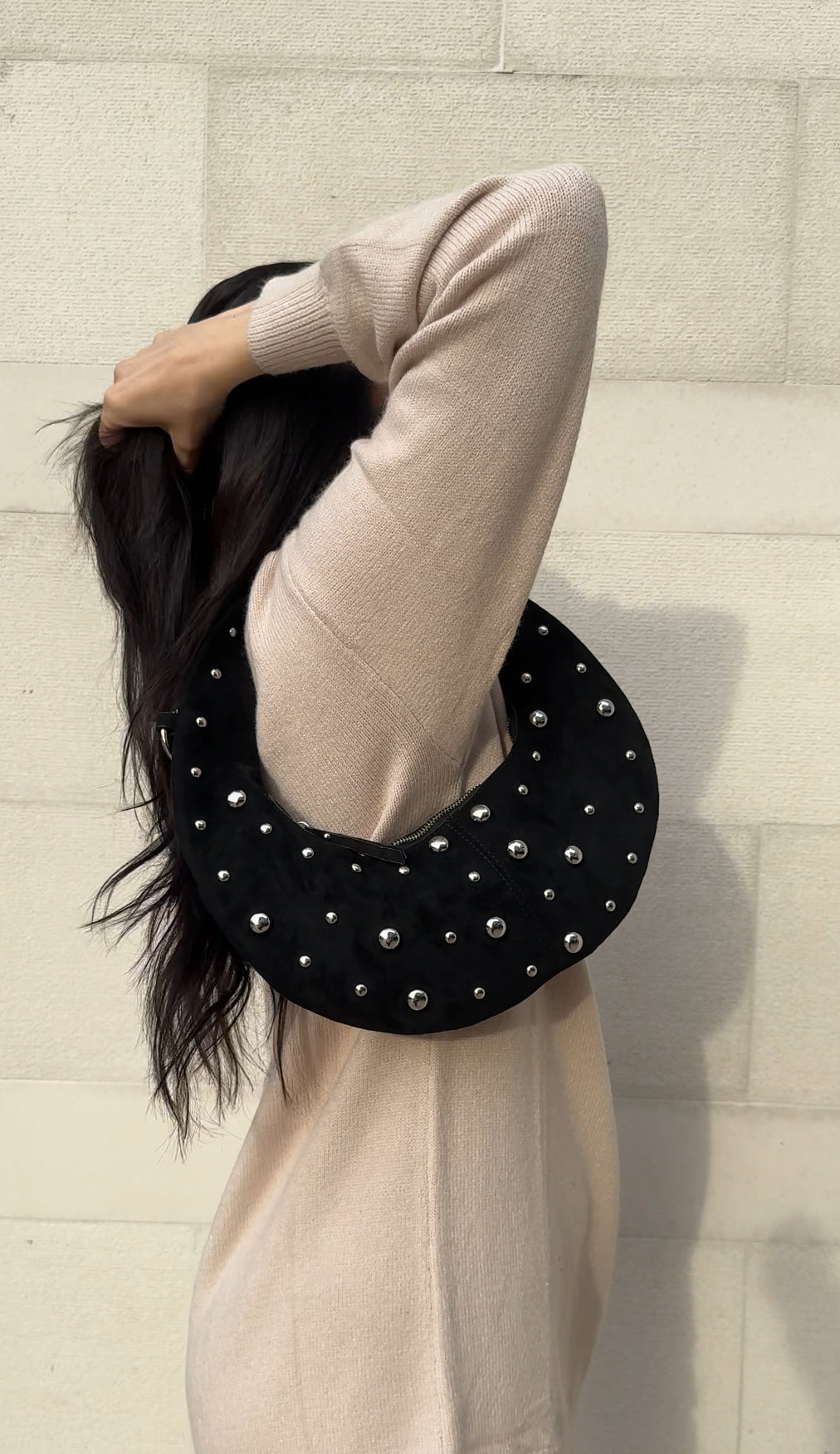 So Chic Studded Crescent Hand Bag