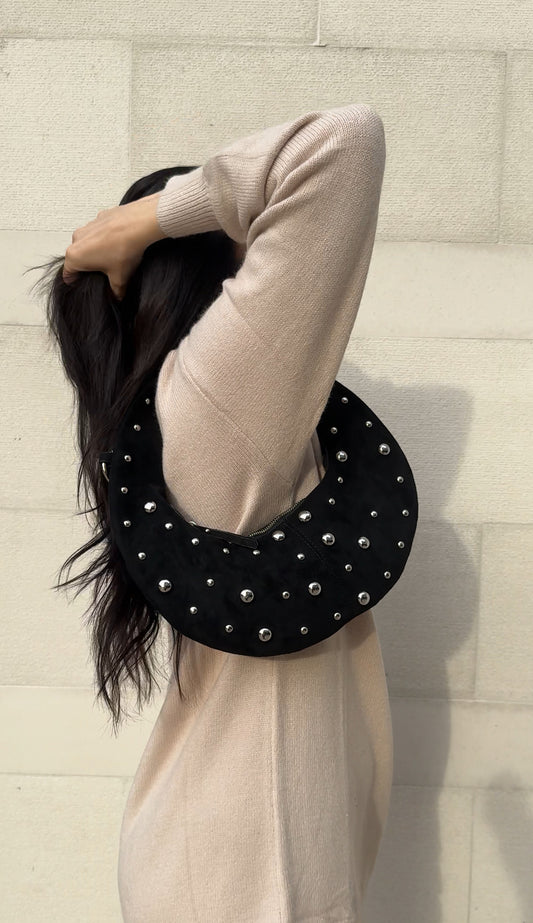 So Chic Studded Crescent Hand Bag