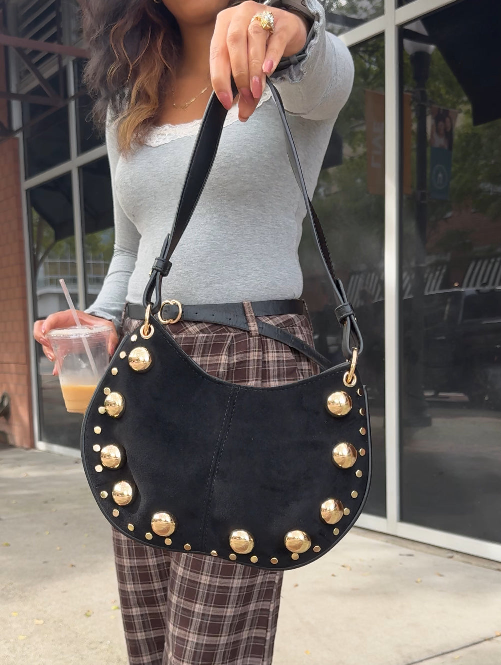 Studded Suede Shoulder Bag