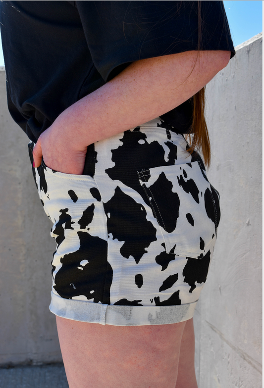 Denim Cow Print Shorts